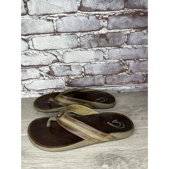 OLUKAI Ikoi Brown Leather Flip Flops Beach Sandals Men Sz 12M US/45EU 10360-1313 - Picture 14 of 16